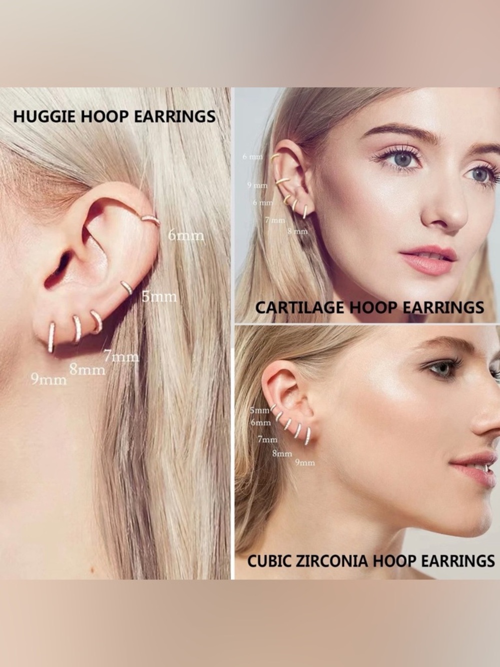 NWT NEW LYQIAN White Gold CZ Huggie Hoop Earrings Set 5 Pairs 5–9mm Tiny Hoops - Picture 4 of 9